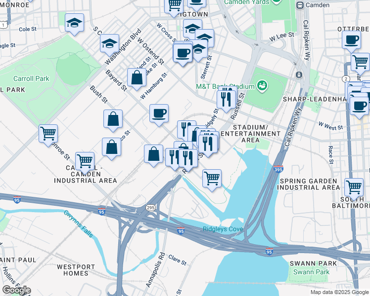map of restaurants, bars, coffee shops, grocery stores, and more near Gwynns Falls Trail in Baltimore