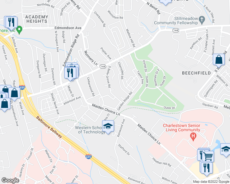 map of restaurants, bars, coffee shops, grocery stores, and more near 17 South Belle Grove Road in Catonsville