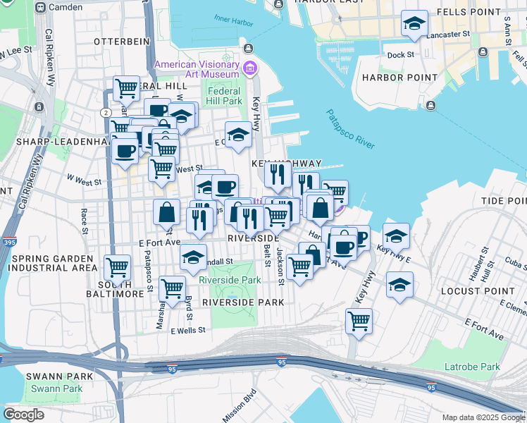 map of restaurants, bars, coffee shops, grocery stores, and more near 518 East Clement Street in Baltimore