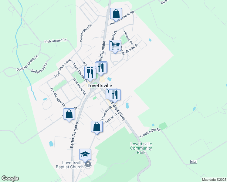 map of restaurants, bars, coffee shops, grocery stores, and more near 5 North Light Street in Lovettsville