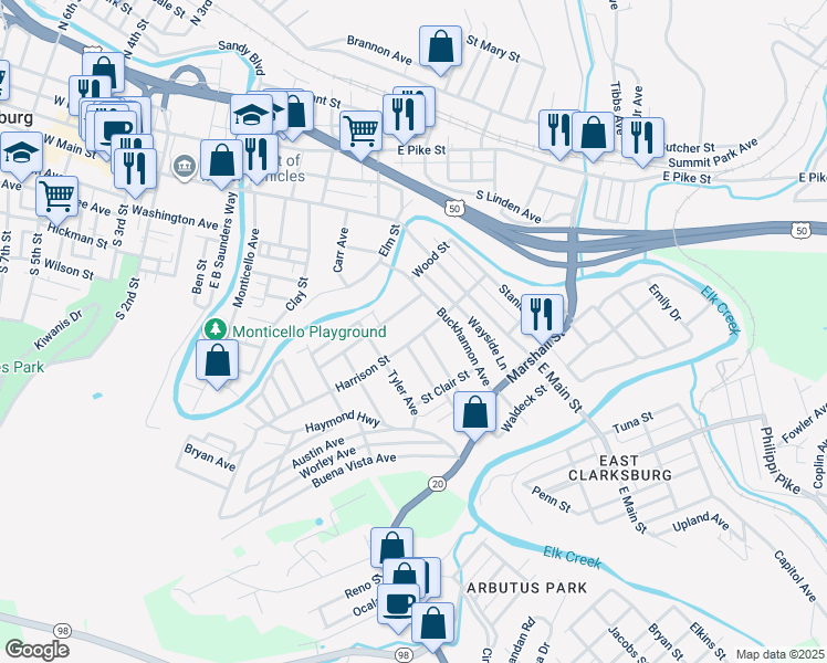 map of restaurants, bars, coffee shops, grocery stores, and more near 136 Harrison Street in Clarksburg
