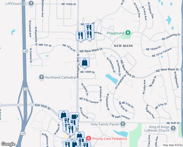 map of restaurants, bars, coffee shops, grocery stores, and more near 626 Northeast 100th Street in Kansas City