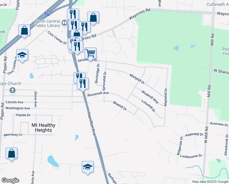 map of restaurants, bars, coffee shops, grocery stores, and more near 2060 Roosevelt Avenue in Cincinnati