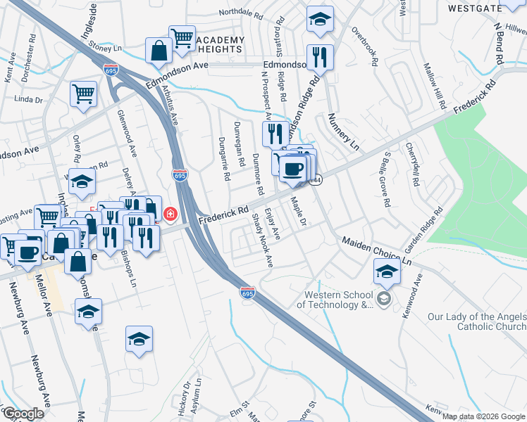 map of restaurants, bars, coffee shops, grocery stores, and more near 6601 Frederick Road in Catonsville