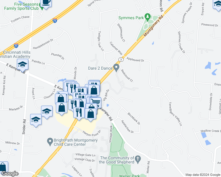 map of restaurants, bars, coffee shops, grocery stores, and more near Village Brook Drive in Cincinnati
