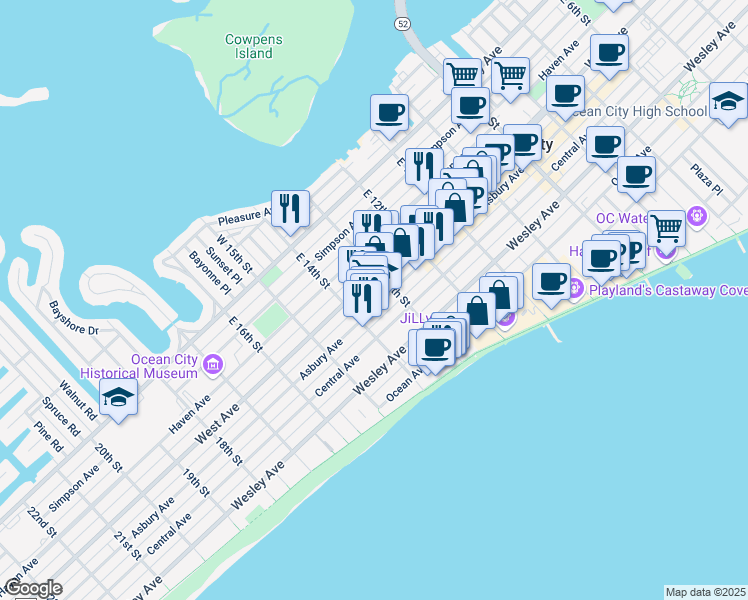 map of restaurants, bars, coffee shops, grocery stores, and more near 1325 West Avenue in Ocean City
