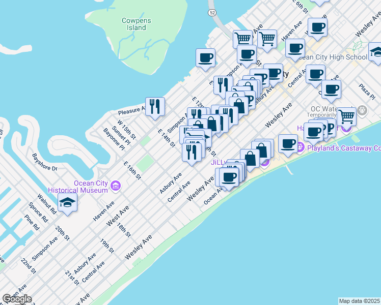 map of restaurants, bars, coffee shops, grocery stores, and more near 1325 Ocean City Bike Path in Ocean City