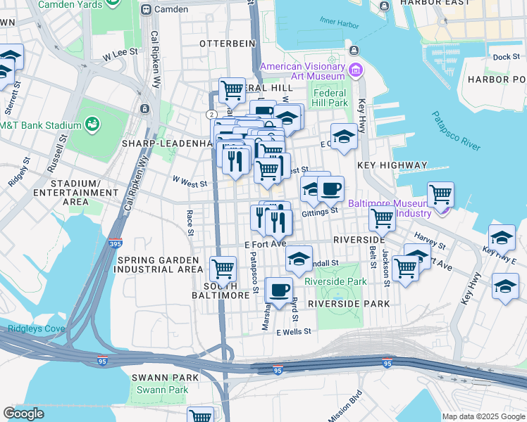 map of restaurants, bars, coffee shops, grocery stores, and more near 1313 Marshall Street in Baltimore
