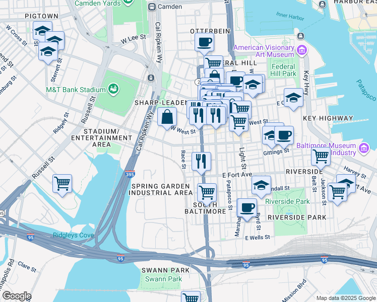 map of restaurants, bars, coffee shops, grocery stores, and more near 114 Burnett Street in Baltimore
