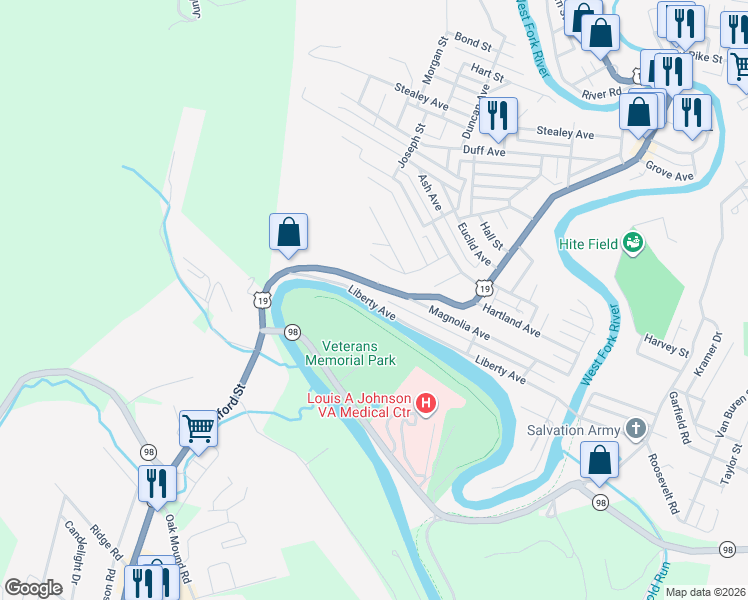 map of restaurants, bars, coffee shops, grocery stores, and more near 1017 Milford St in Clarksburg