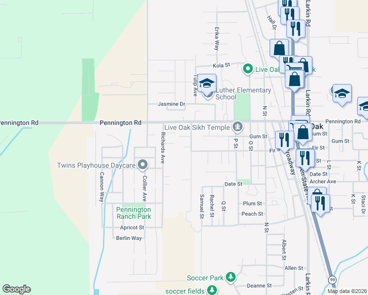 map of restaurants, bars, coffee shops, grocery stores, and more near 9886 Dee Ree Road in Live Oak