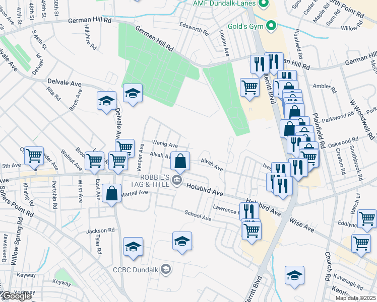map of restaurants, bars, coffee shops, grocery stores, and more near 7401 Wenig Avenue in Dundalk
