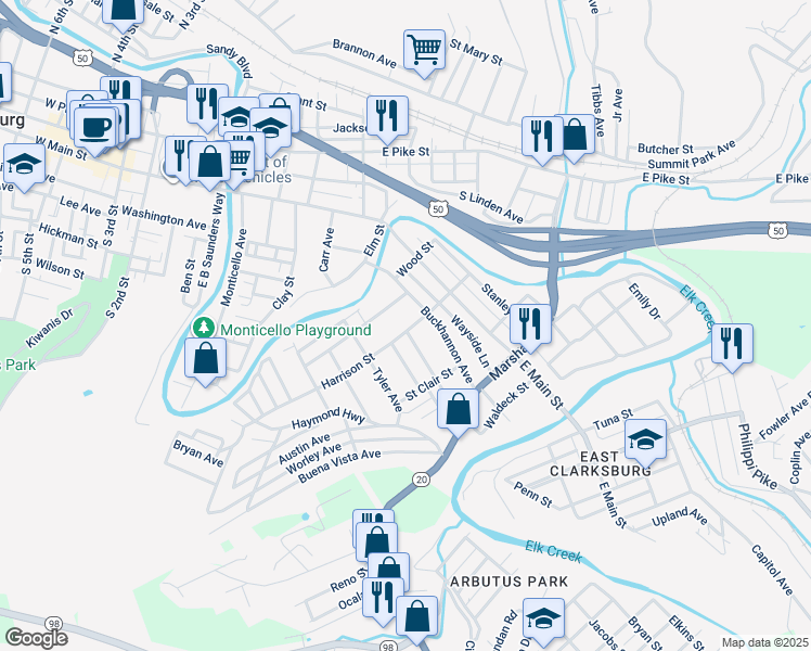 map of restaurants, bars, coffee shops, grocery stores, and more near 136 Harrison St in Clarksburg