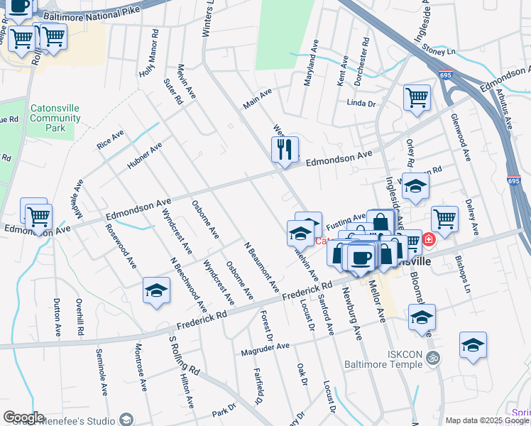 map of restaurants, bars, coffee shops, grocery stores, and more near 101 Melvin Avenue in Catonsville