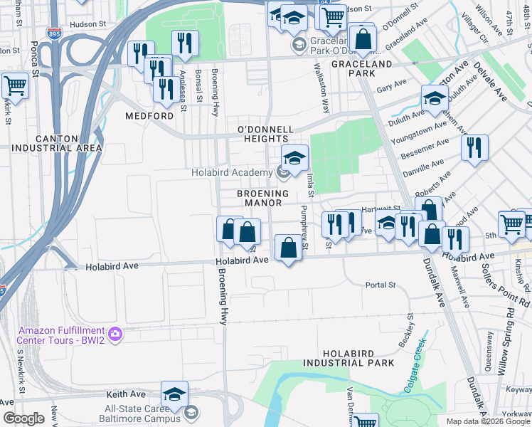 map of restaurants, bars, coffee shops, grocery stores, and more near 1604 Charlotte Avenue in Baltimore