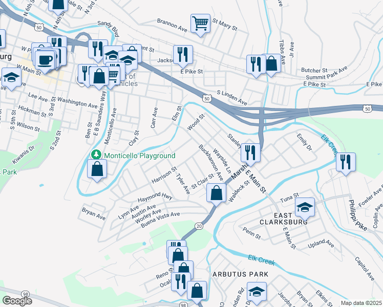 map of restaurants, bars, coffee shops, grocery stores, and more near 136 Harrison Street in Clarksburg