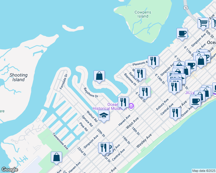 map of restaurants, bars, coffee shops, grocery stores, and more near 110 West 17th Street in Ocean City