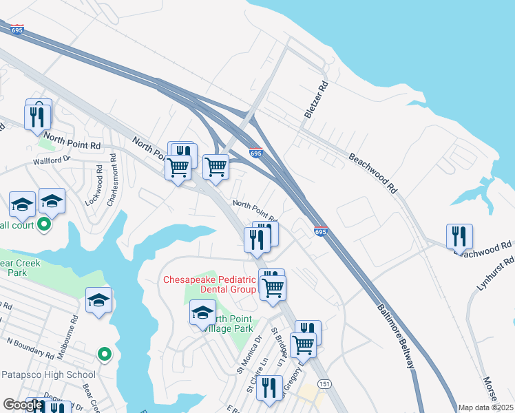 map of restaurants, bars, coffee shops, grocery stores, and more near 3932 North Point Road in Dundalk
