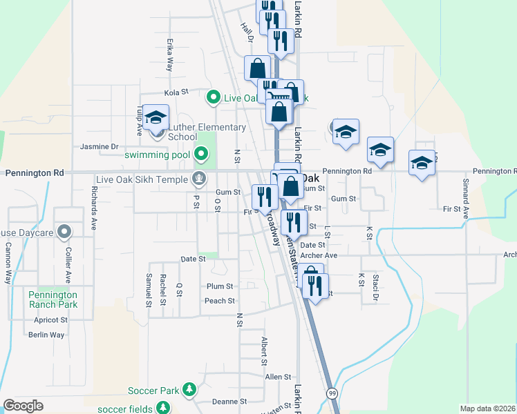 map of restaurants, bars, coffee shops, grocery stores, and more near 2611 Fir Street in Live Oak