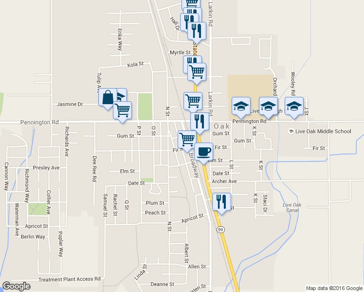 map of restaurants, bars, coffee shops, grocery stores, and more near 2611 Fir Street in Live Oak