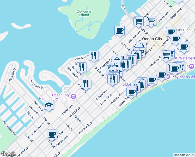 map of restaurants, bars, coffee shops, grocery stores, and more near 1422 Haven Avenue in Ocean City