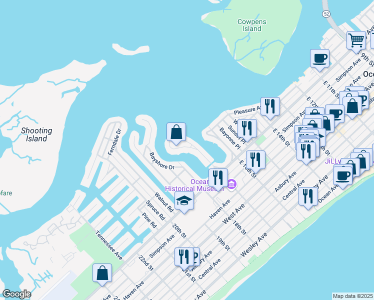 map of restaurants, bars, coffee shops, grocery stores, and more near 122-26 East 17th Street in Ocean City