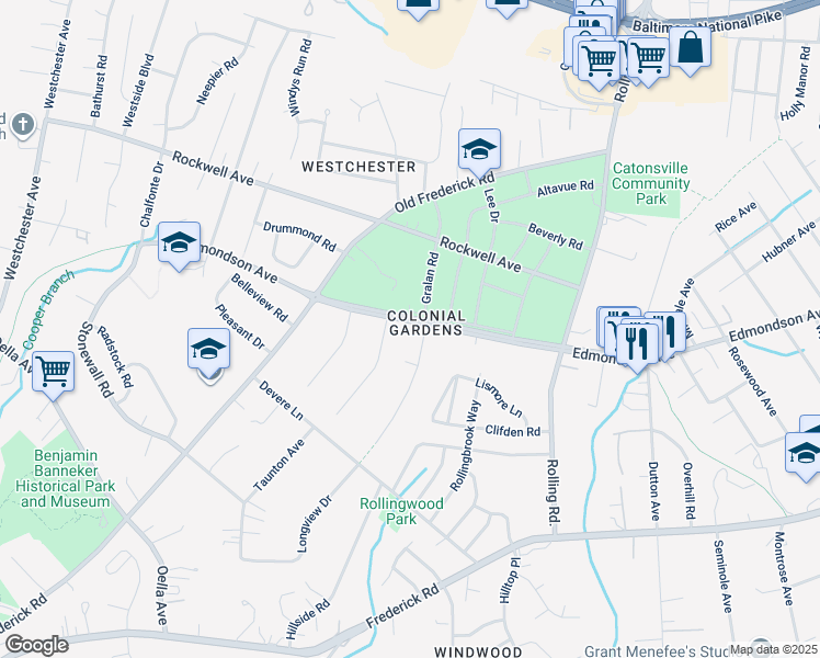 map of restaurants, bars, coffee shops, grocery stores, and more near 2029 Edmondson Avenue in Catonsville