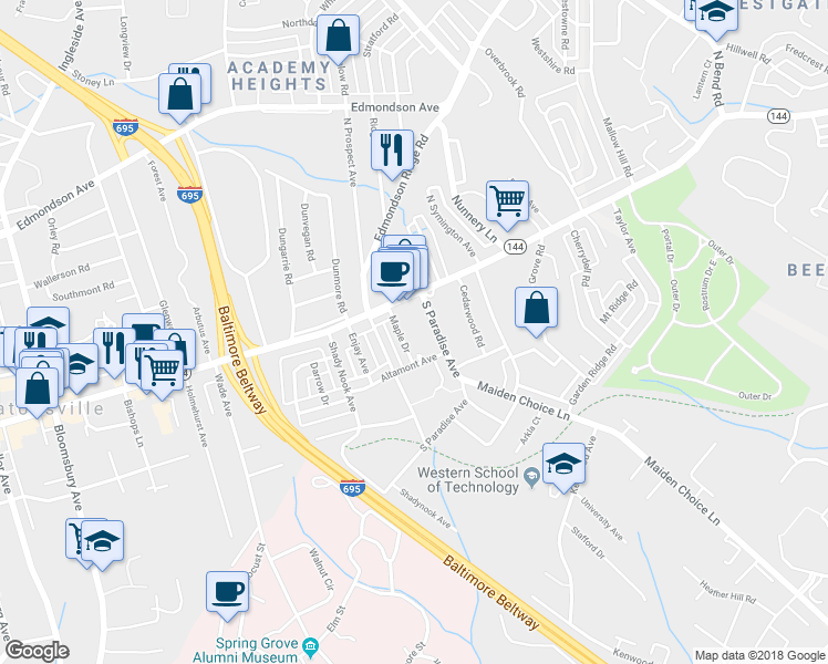 map of restaurants, bars, coffee shops, grocery stores, and more near 1 Maple Drive in Catonsville
