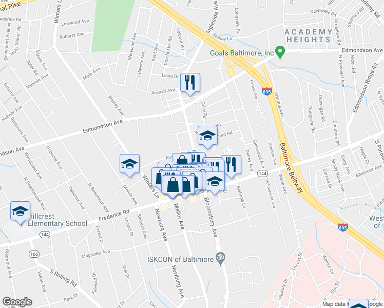 map of restaurants, bars, coffee shops, grocery stores, and more near 117 Ingleside Avenue in Catonsville