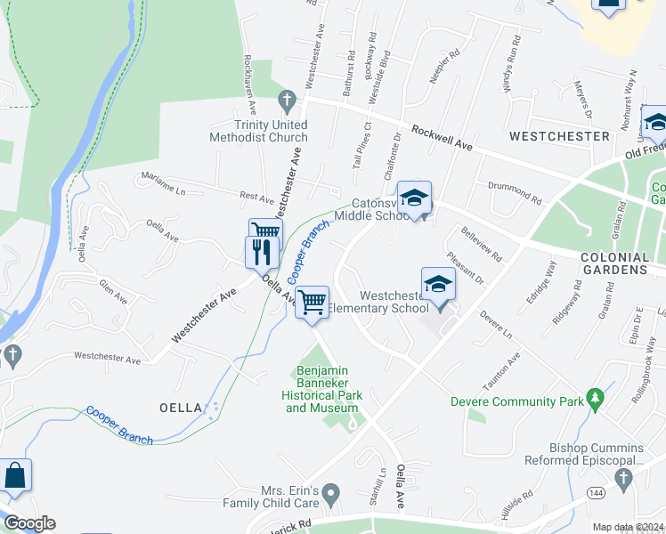 map of restaurants, bars, coffee shops, grocery stores, and more near 318 Stonewall Road in Catonsville
