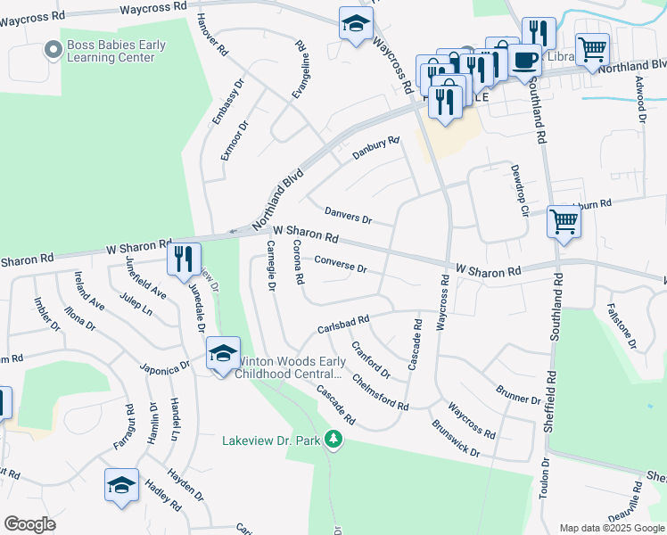 map of restaurants, bars, coffee shops, grocery stores, and more near 755 Converse Drive in Cincinnati