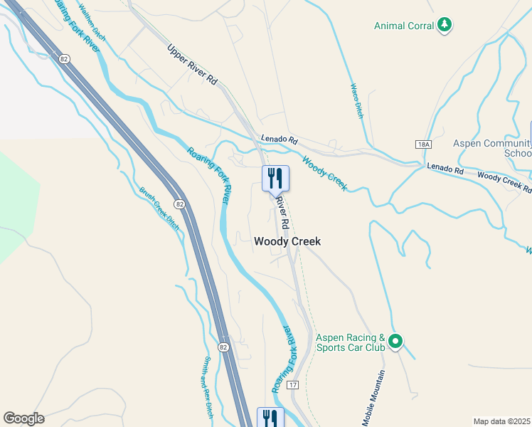 map of restaurants, bars, coffee shops, grocery stores, and more near in Woody Creek