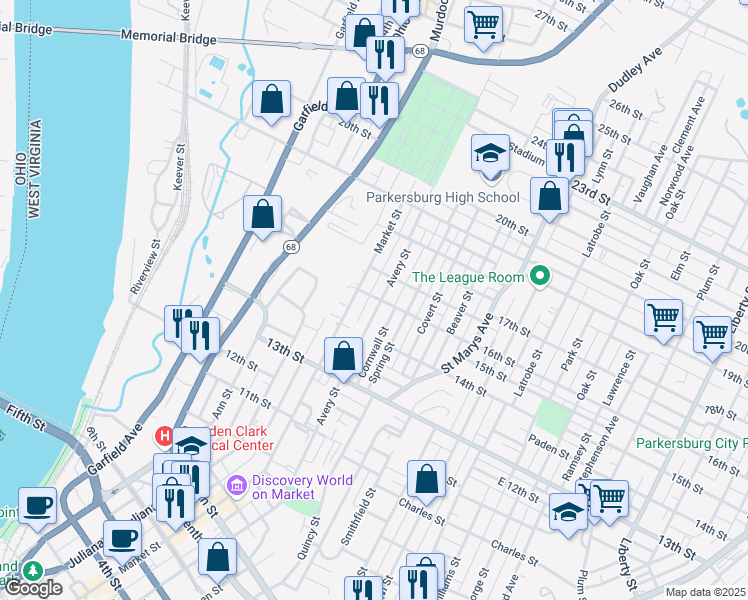 map of restaurants, bars, coffee shops, grocery stores, and more near 1511 Avery Street in Parkersburg