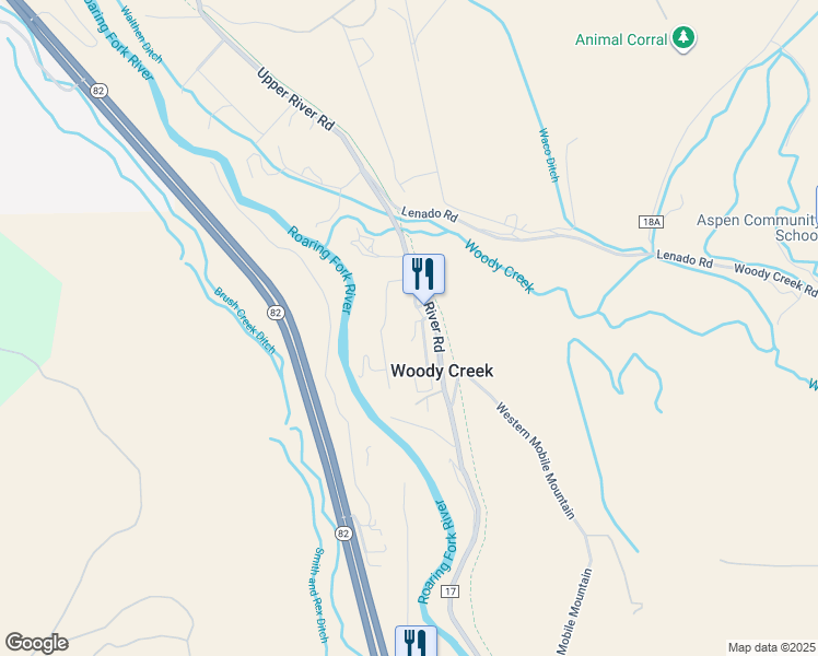 map of restaurants, bars, coffee shops, grocery stores, and more near in Woody Creek