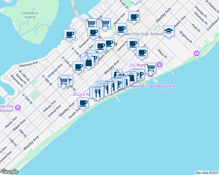 map of restaurants, bars, coffee shops, grocery stores, and more near 1101 Ocean Avenue in Ocean City