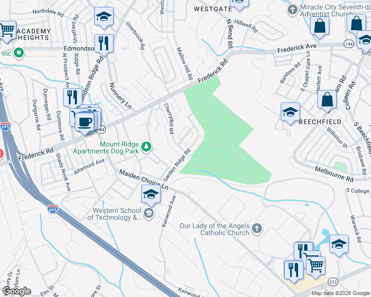 map of restaurants, bars, coffee shops, grocery stores, and more near 215 Cherrydell Road in Catonsville