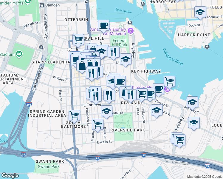 map of restaurants, bars, coffee shops, grocery stores, and more near 1290 Battery Avenue in Baltimore