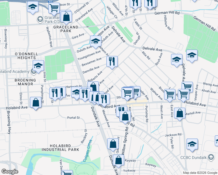map of restaurants, bars, coffee shops, grocery stores, and more near 6800 Brentwood Avenue in Dundalk