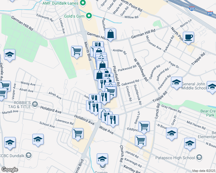 map of restaurants, bars, coffee shops, grocery stores, and more near 1543 Merritt Boulevard in Dundalk