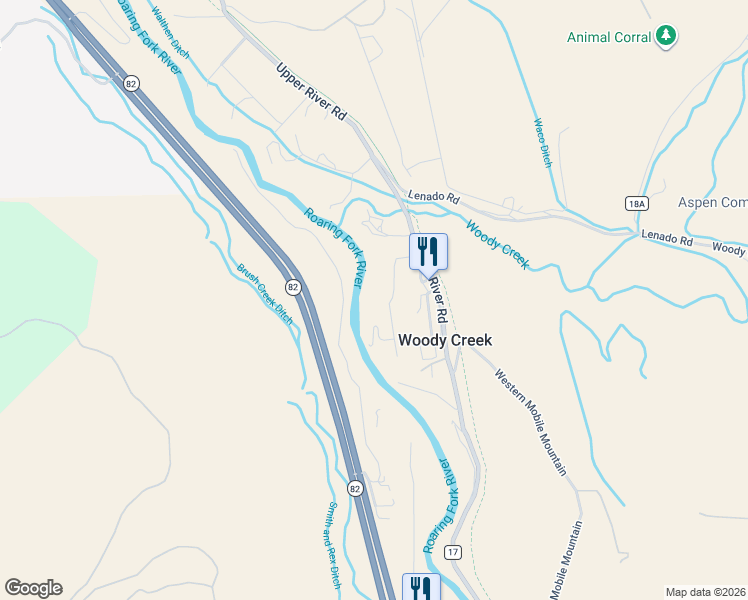map of restaurants, bars, coffee shops, grocery stores, and more near 179 Liberty Lane in Woody Creek