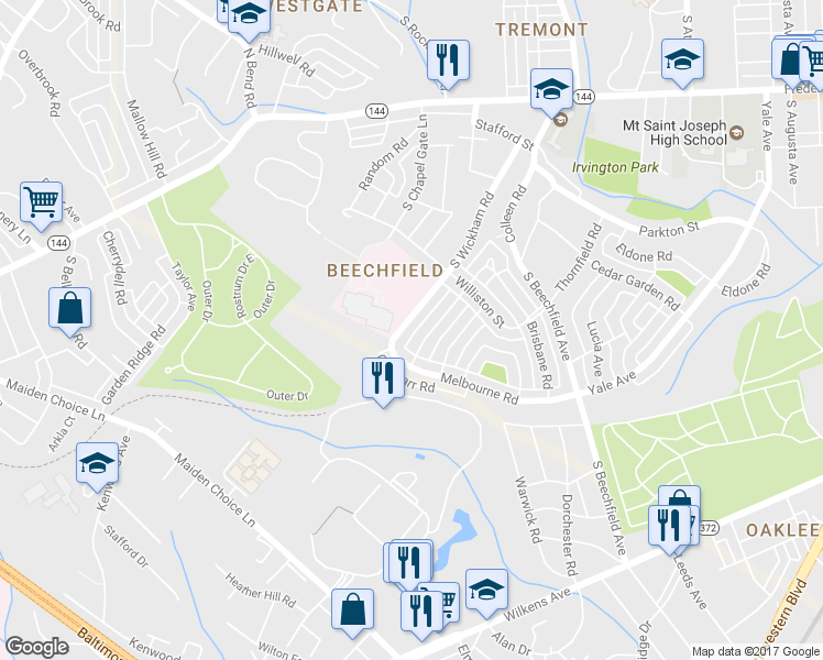 map of restaurants, bars, coffee shops, grocery stores, and more near 661 S Wickham Rd in Baltimore