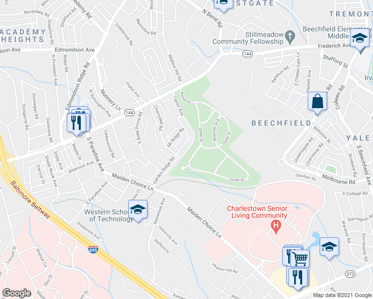 map of restaurants, bars, coffee shops, grocery stores, and more near 147 Taylor Avenue in Catonsville