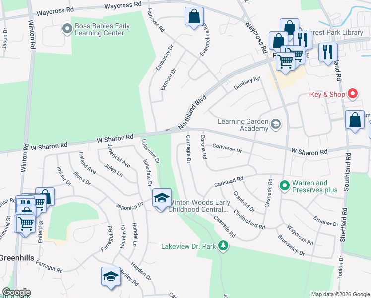 map of restaurants, bars, coffee shops, grocery stores, and more near 10943 Carnegie Drive in Cincinnati