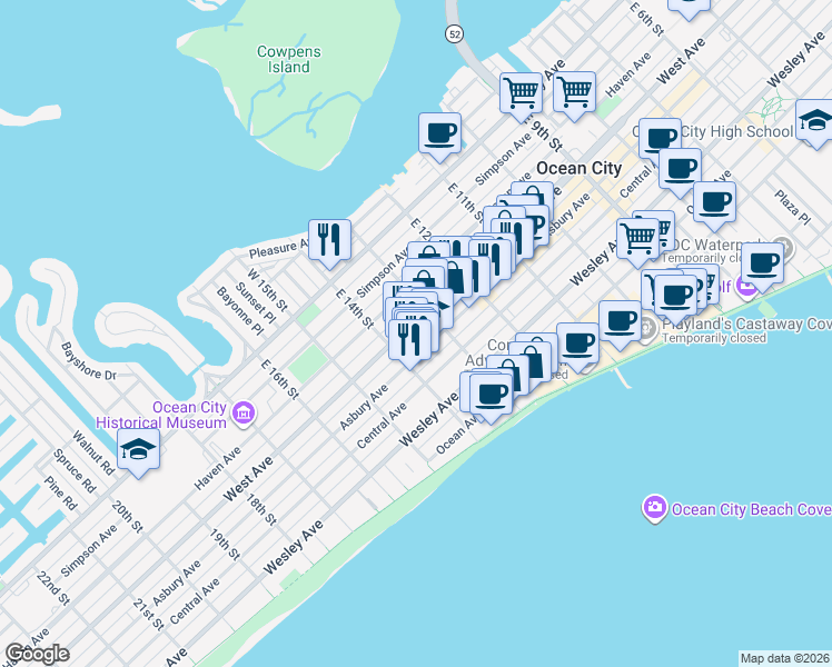 map of restaurants, bars, coffee shops, grocery stores, and more near 1325 West Avenue in Ocean City