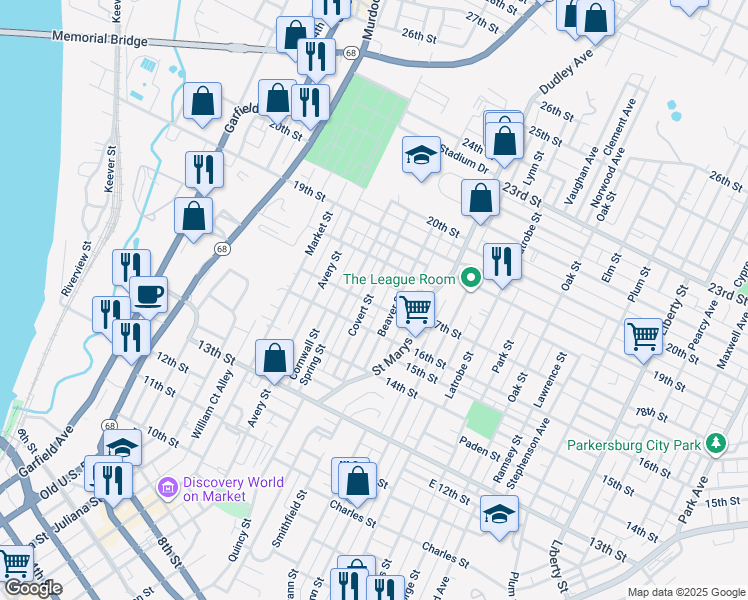 map of restaurants, bars, coffee shops, grocery stores, and more near 609 17th Street in Parkersburg