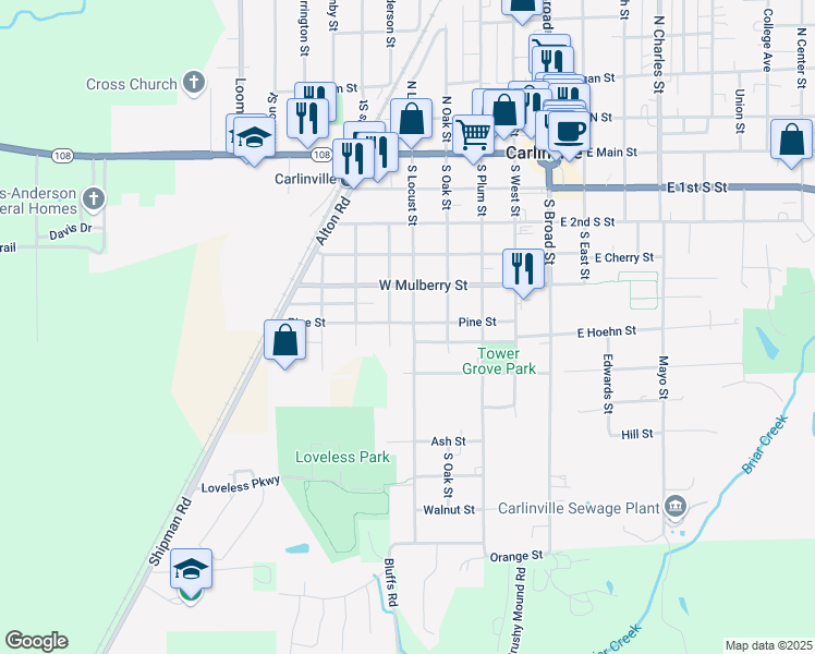 map of restaurants, bars, coffee shops, grocery stores, and more near 602 South Locust Street in Carlinville