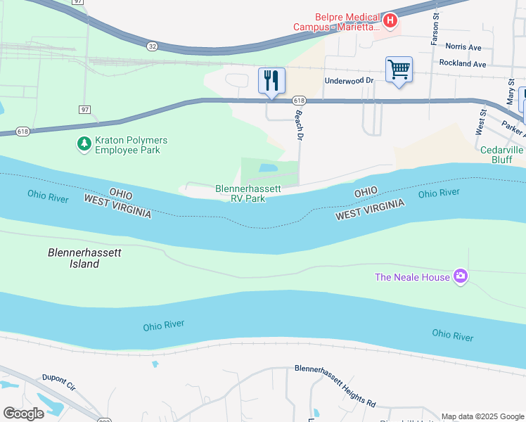 map of restaurants, bars, coffee shops, grocery stores, and more near 2817 Beach Drive in Belpre