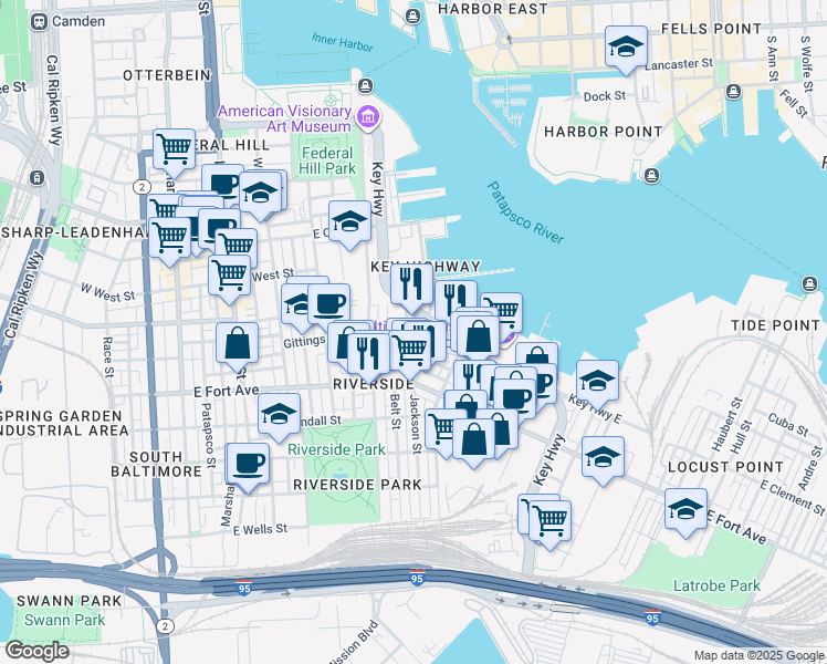 map of restaurants, bars, coffee shops, grocery stores, and more near 1347 Jackson Street in Baltimore