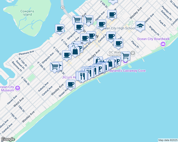 map of restaurants, bars, coffee shops, grocery stores, and more near 1101 Ocean Avenue in Ocean City