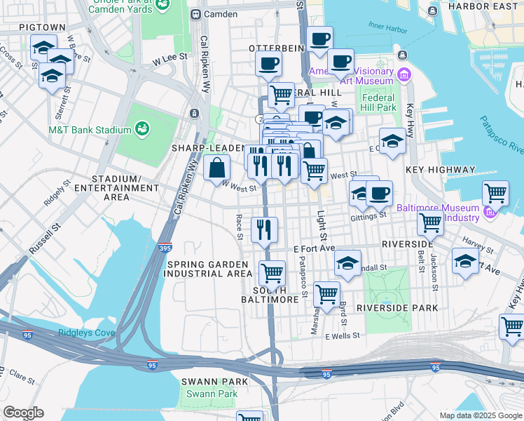 map of restaurants, bars, coffee shops, grocery stores, and more near 1304 South Hanover Street in Baltimore